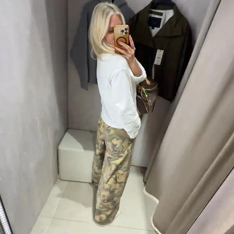 Pantaloni da donna con stampa mimetica, vita con coulisse, gamba larga, taglio ampio, orlo con coulisse, vestibilità comoda, pantaloni casual, streetwear, nuova moda 2026