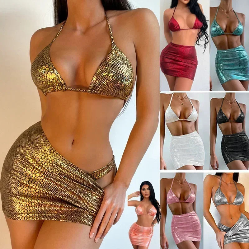 Costumi da bagno europei e americani bikini da donna costume da bagno sexy lucido con scollo all'americana