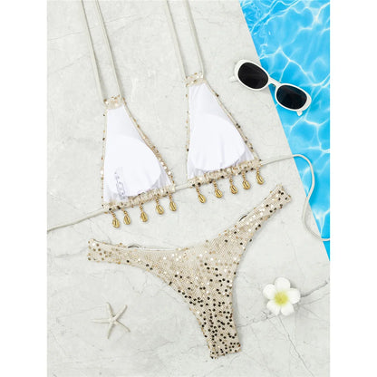 Paillettes lucide Halter Bikini Costume da bagno femminile Costumi da bagno donna Bikini a due pezzi Costume da bagno brasiliano imbottito Costume da bagno Swim V7619