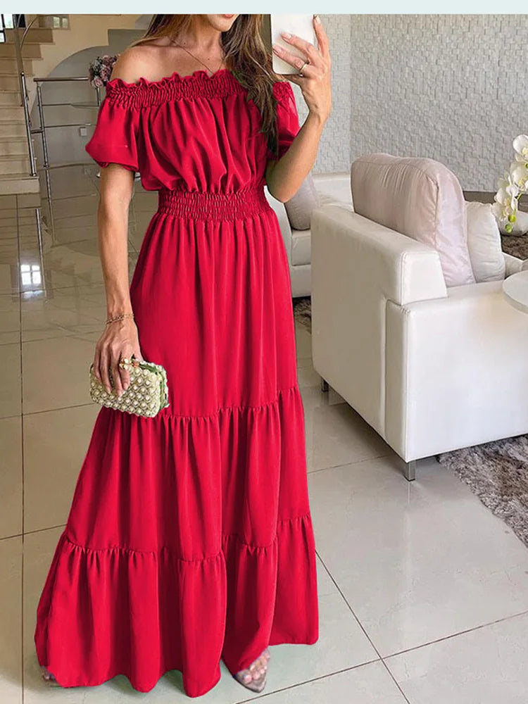 2025 Abito estivo Boho solido Moda donna Elegante abito da festa in spiaggia Casual Slash Neck Office Maxi abiti per donna Robe Femme
