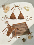Pure Color Mesh 3-Piece Bikini Set - Seamless Solid Pattern Swimsuit Ensemble