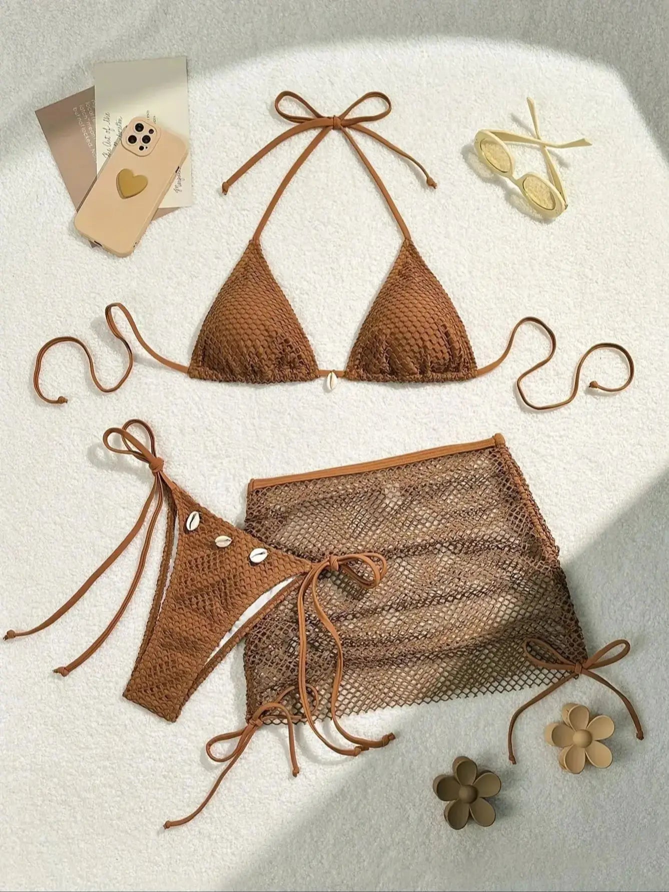 Pure Color Mesh 3-Piece Bikini Set - Seamless Solid Pattern Swimsuit Ensemble