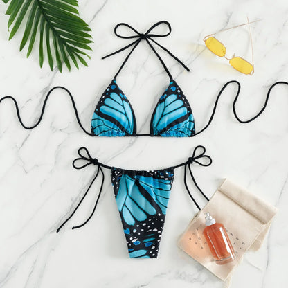 Damen-Bikini-Set mit Schmetterlingsdruck, sexy zweiteilige Bademode mit Schnürdetails, europäischer Strand-Stil Urlaubs-Badeanzüge mit Bandeau-Oberteil