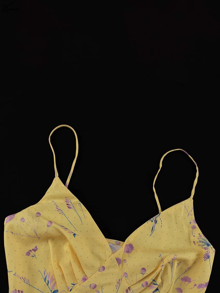 Oymimi Abito da donna casual con stampa gialla Elegante cinturino per spaghetti Abiti aperti sul retro Abito alla caviglia a vita alta moda autunnale
