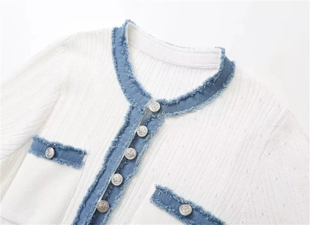 Abito lungo elegante in maglia da donna a contrasto Chic O-collo manica corta Bottoni in metallo Abiti aderenti Abito da pendolarismo da donna da ufficio