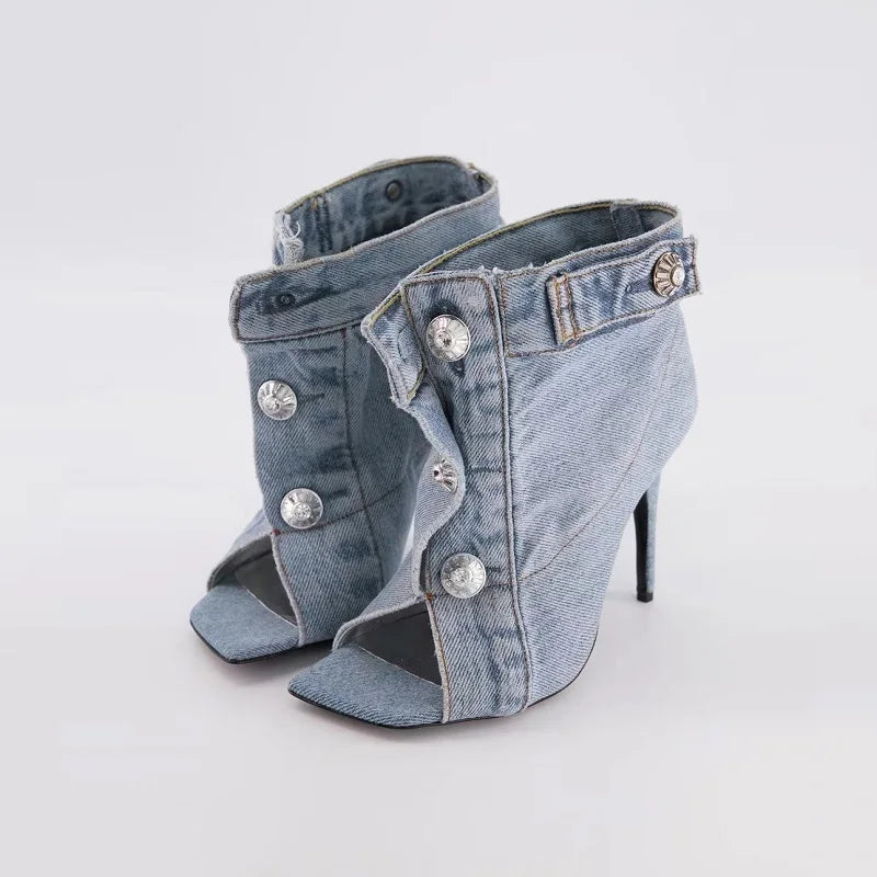 Summer Sandals Stiletto Heel Ladies Shoes Peep Toe Pumps Woman Brand Design Pumps Classic Blue Denim Boots Plus Size 43