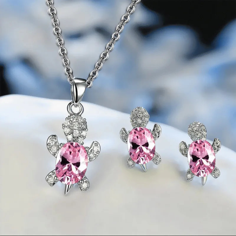 Set di orecchini con collana placcata in argento da 3 pezzi, da donna, leggero, di lusso, in stile moda, a forma di tartaruga con diamante in vetro multicolore