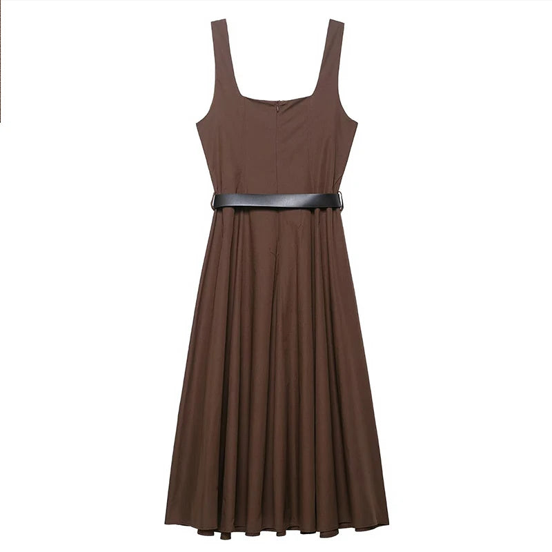 Cintura di moda Piega Abito lungo Donna Colletto quadrato Senza maniche Backless A-line Party Maxi Abiti 2025 Summer Office Lady Vestidos