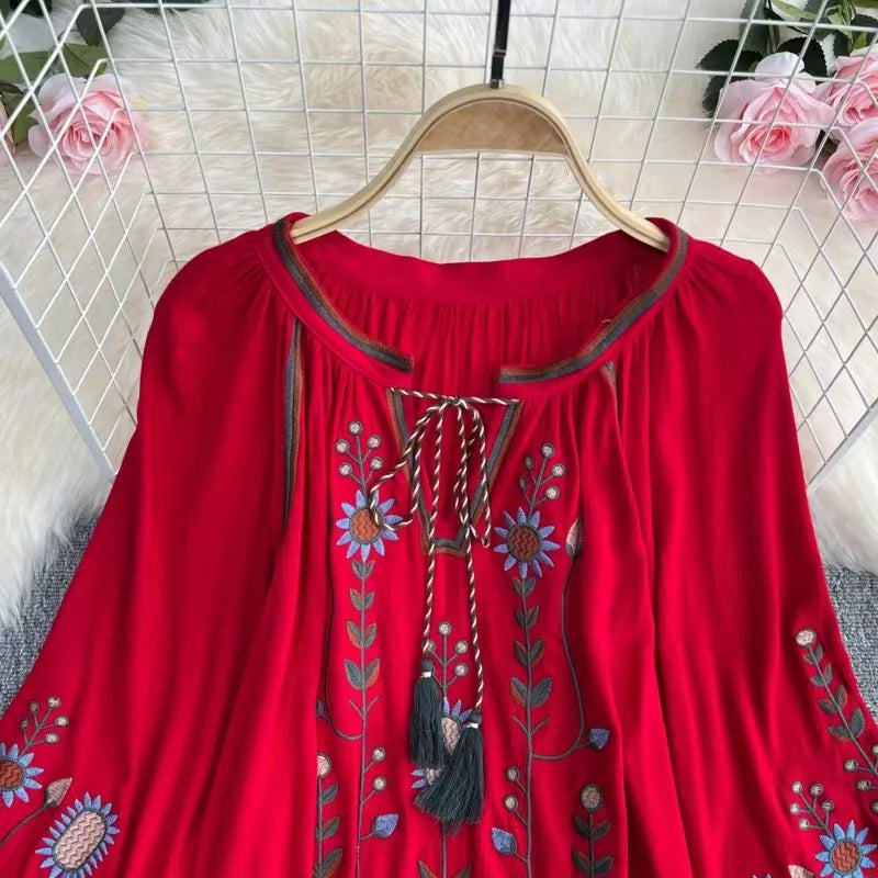 Estate primavera autunno donne Sexy ricamato manica svasata camicetta camicetta donna manica lunga retrò allentato Boho camicetta top femminile