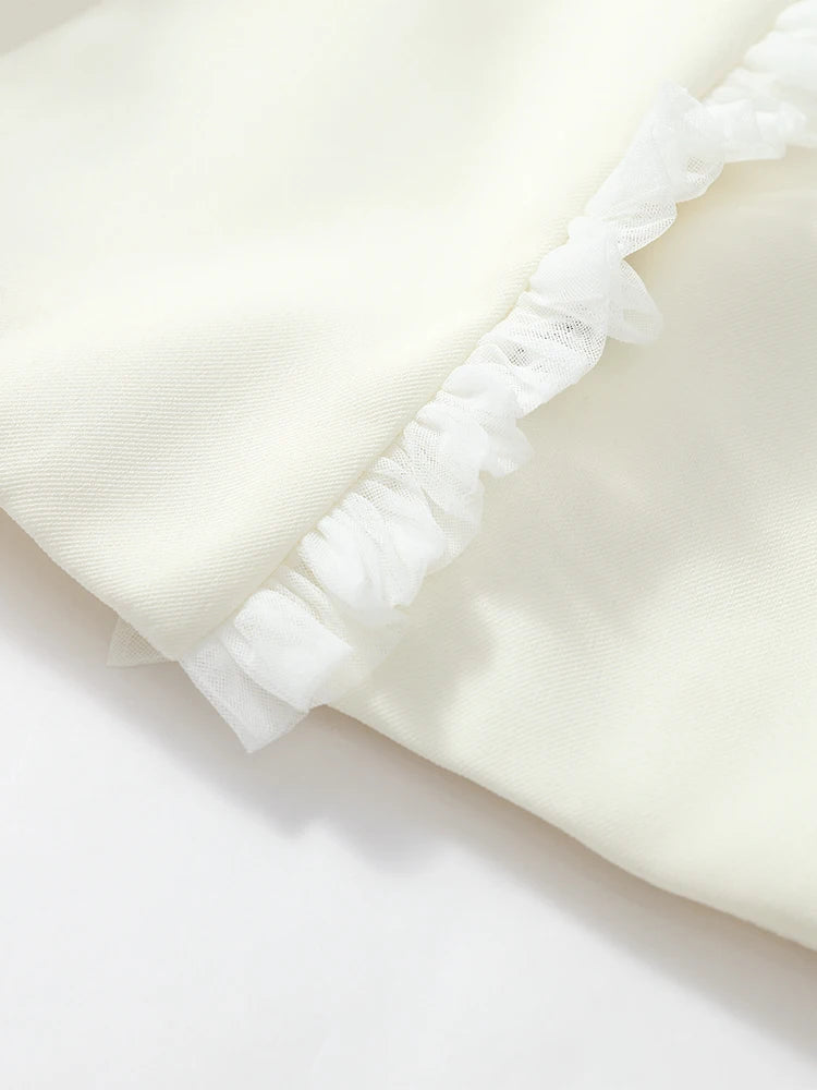 Completo di Top Corto e Gonna Midi in Tulle Bianco, Lussuoso, con Scollo a V, Maniche Lunghe a Sbuffo, Vestibilità Slim, Collezione Primavera 2026, per Appuntamenti e Ufficio