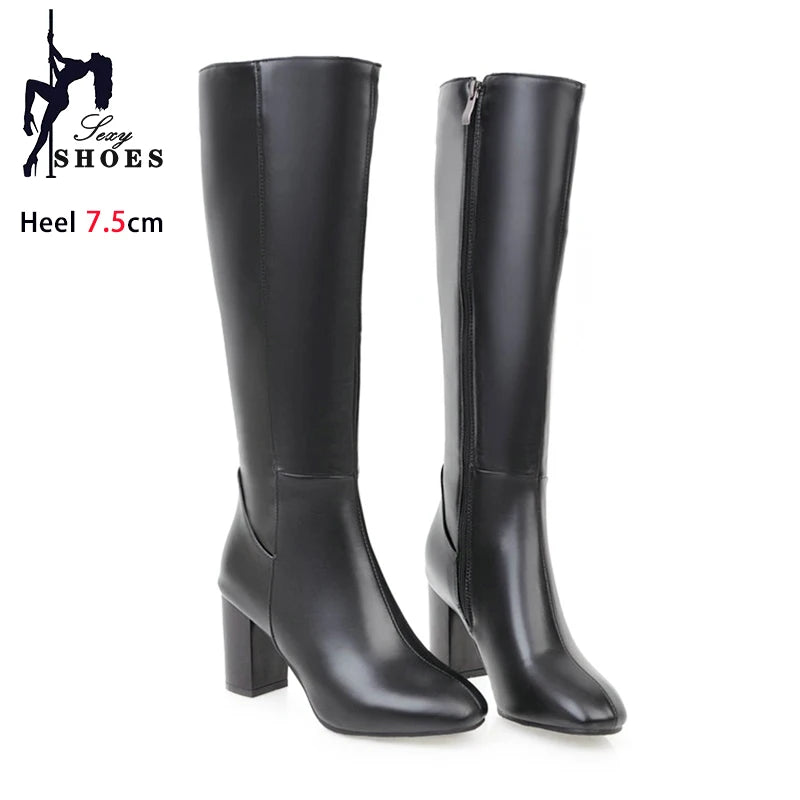 Black Long Boots Women's Fashionable Thick Heels Side Zipper Ladies Shoes Soft PU Leather Knee High Boots Plus Size 43 44 45 46
