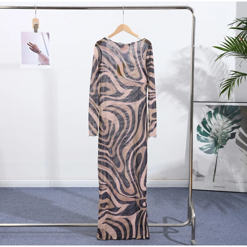 Abito lungo aderente aderente in rete trasparente da donna sexy Stampa chic senza maniche Slim Fit Abiti lunghi per le vacanze al mare Abito femminile quotidiano casual