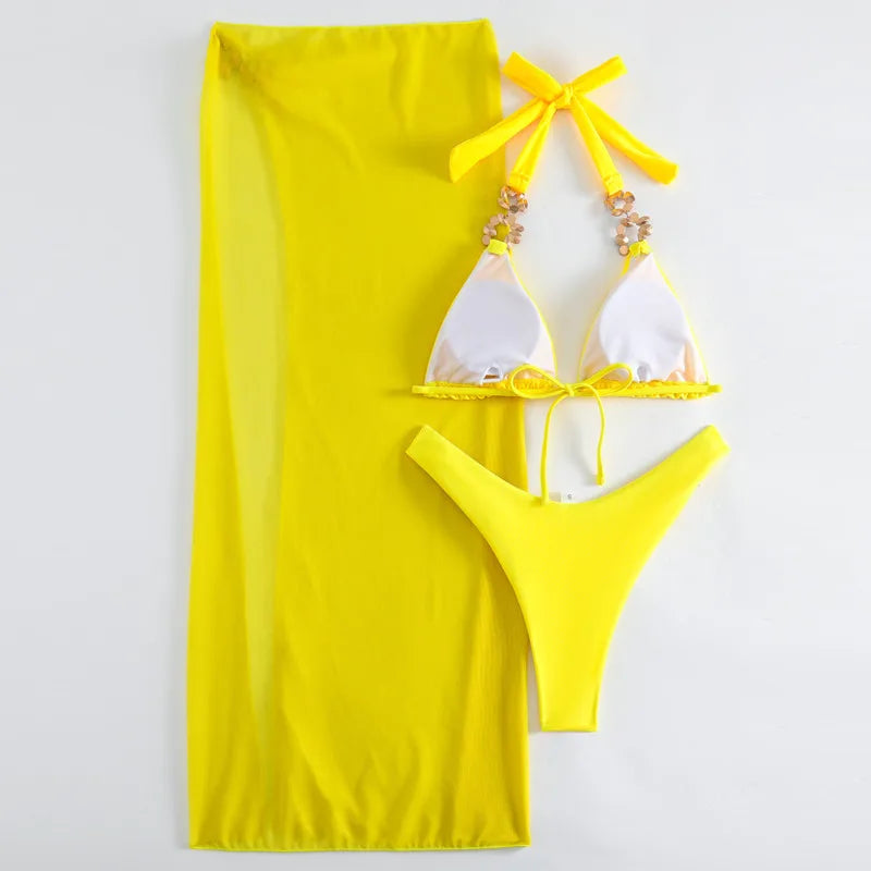 Bikini Giallo Sexy con Strass 2026, Costume da Bagno Femminile, Set Bikini Brasiliano, Abbigliamento da Spiaggia