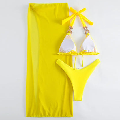 Bikini Giallo Sexy con Strass 2026, Costume da Bagno Femminile, Set Bikini Brasiliano, Abbigliamento da Spiaggia