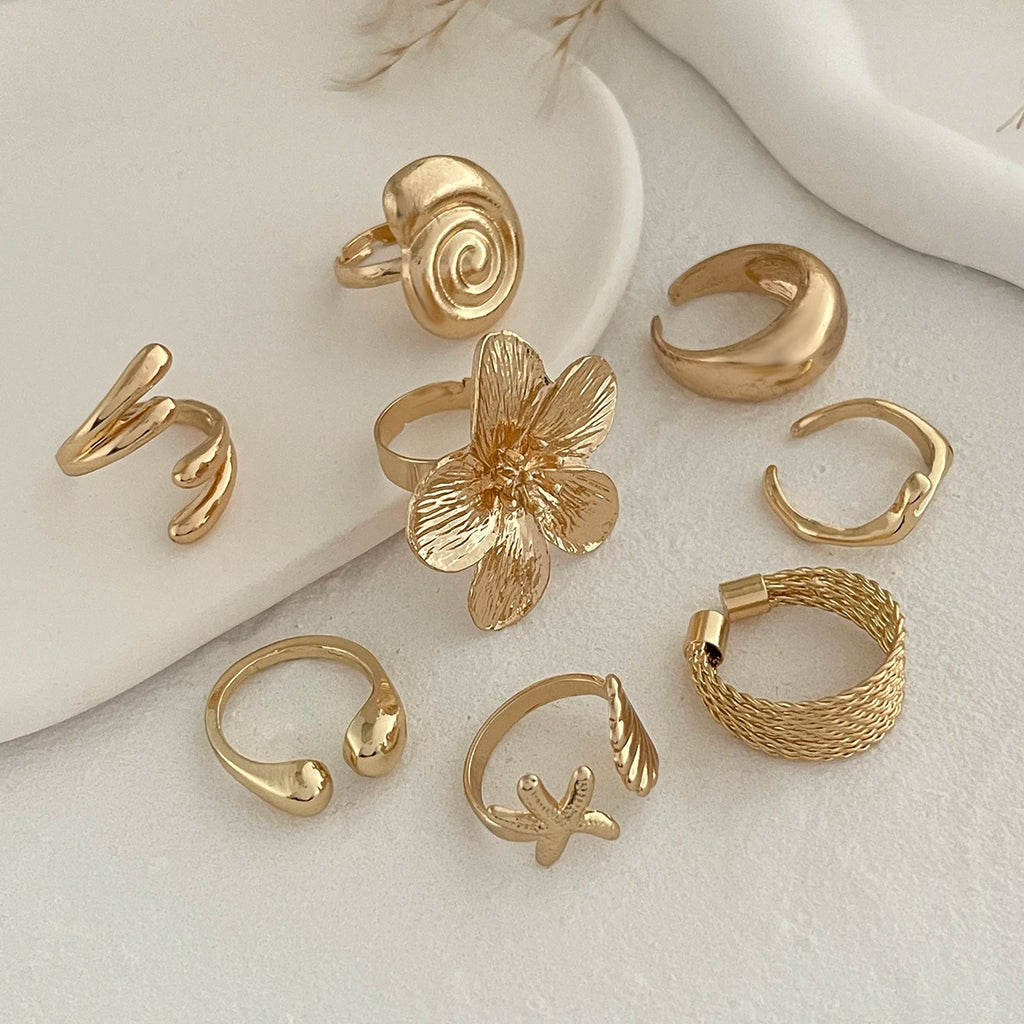 Ingemark 8 Pz/set Vintage Metallo Petalo Fiore Goccia D'acqua Anelli Aperti per Le Donne di Tendenza 2025 Goth Anello Geometrico Regalo Dei Monili Quotidiani