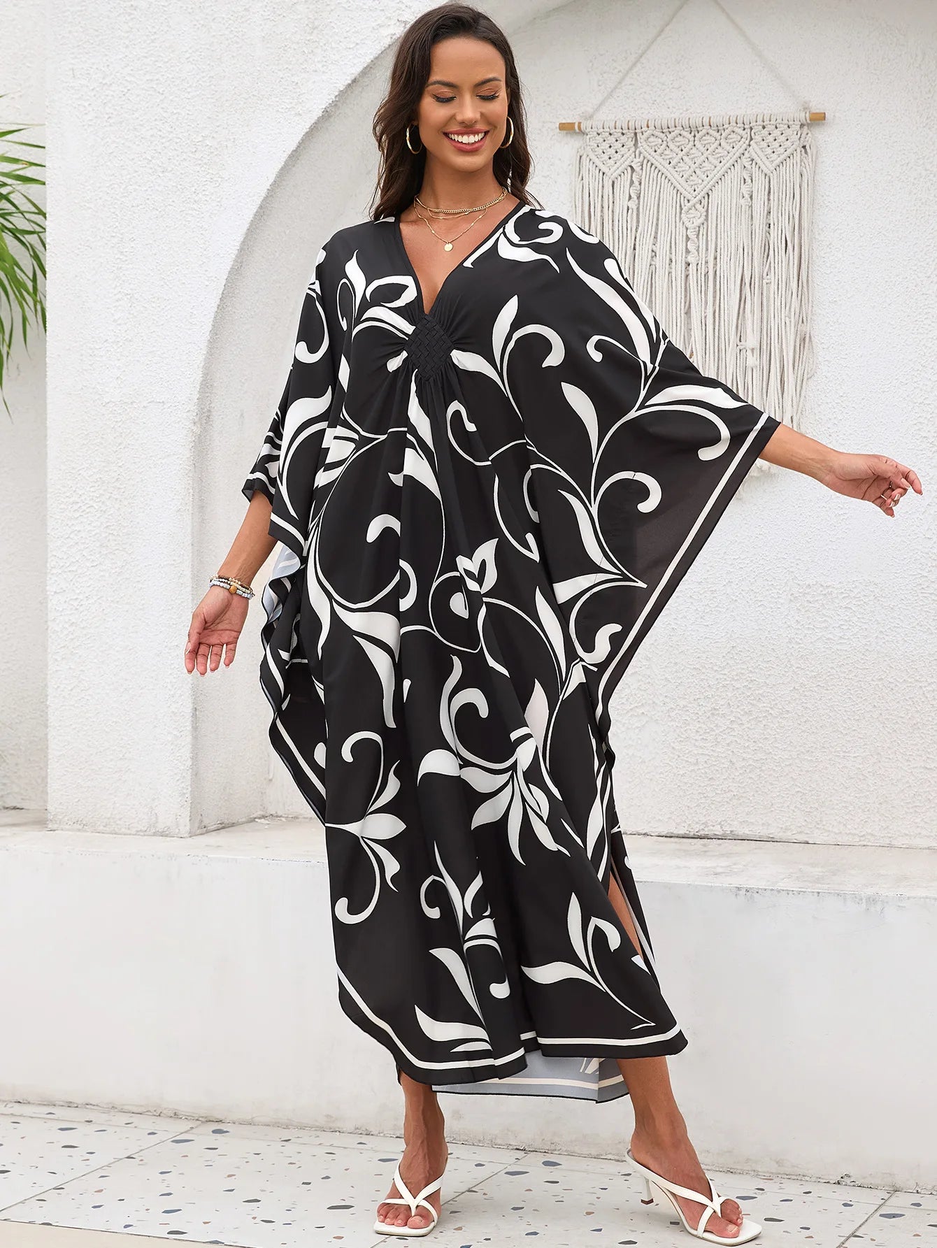 Abiti caftano da donna con stampa floreale taglie forti Costume da bagno taglie forti Copricostume estivo Abito da spiaggia caftano loungewear