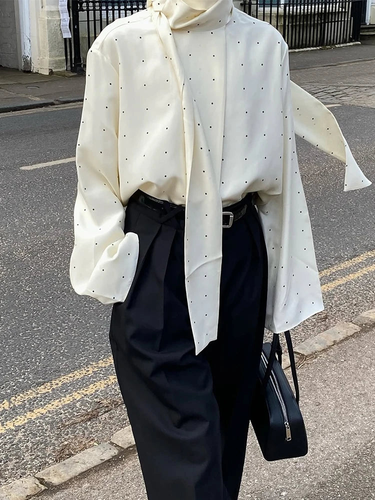Eleganti Camicette da Donna con Sciarpa a Pois, Camicie a Maniche Lunghe e Vestibilità Ampia, Nuove Camicette Casual da Ufficio per il 2026, Top da Donna in Bianco, Nero e Marrone