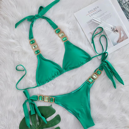 2025 Costume da bagno da donna in 2 pezzi con stringhe di strass e bikini sexy da spiaggia