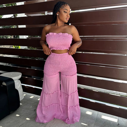 Damen Sommer Sexy Outfits 2-teiliges Boho-Hosen-Set, gerüscht, zweiteilig, Damen trägerloses Crop Tube Top und weite Hose