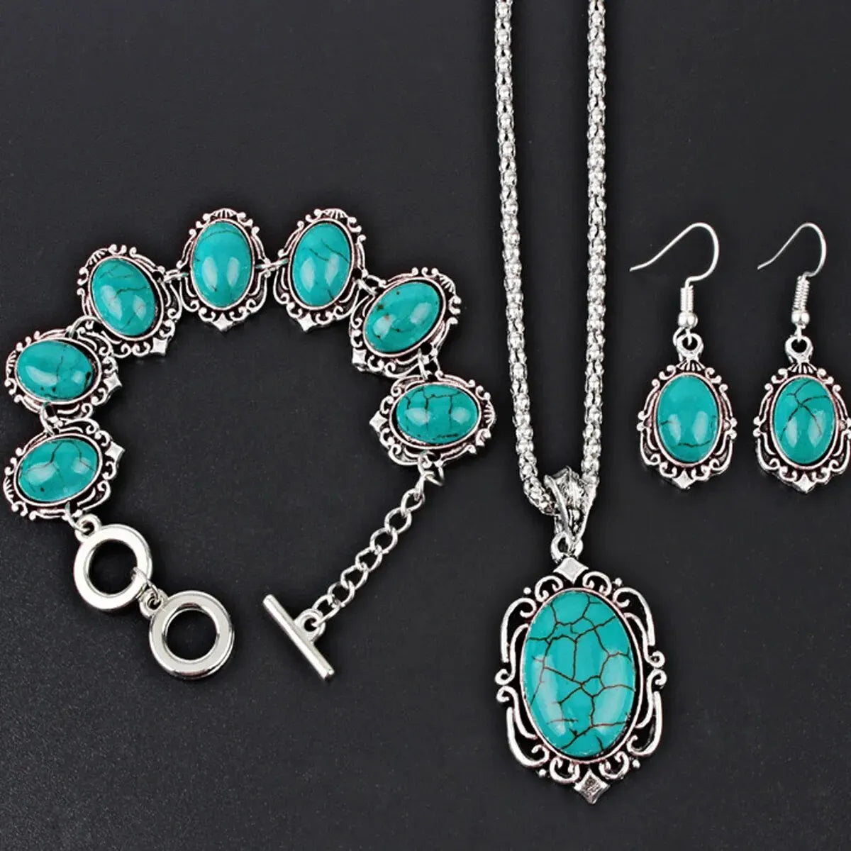 Set di orecchini con collana e bracciale turchese vintage da donna da 3 pezzi, regalo con decorazione in pietra curativa (senza scatola)