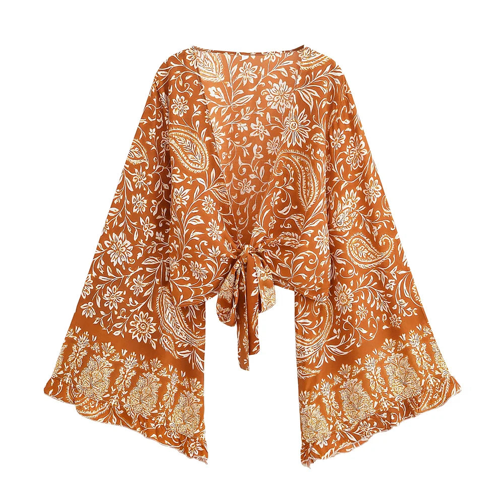 Boho Queens Donna Abiti con stampa floreale marrone Kimono Abito Abiti bohémien Pantaloni a gamba larga 2 pezzi Rayon Boho Set costume da bagno