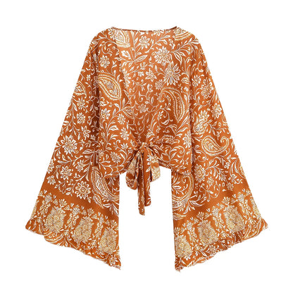 Boho Queens Donna Abiti con stampa floreale marrone Kimono Abito Abiti bohémien Pantaloni a gamba larga 2 pezzi Rayon Boho Set costume da bagno