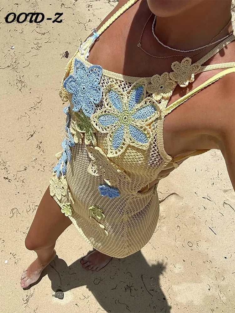 Donne Maglia Fiore Sling Mini Abiti Estivi 2026 Sexy Una Spalla Backless Fasciatura Scava Fuori La Spiaggia Sottile Vacanza Lady Robe