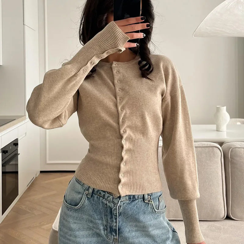Maglione Aderente Sexy da Donna, Collo Tondo, Cardigan in Maglia con Bottoni Frontali, Manica Lunga, Top Streetwear