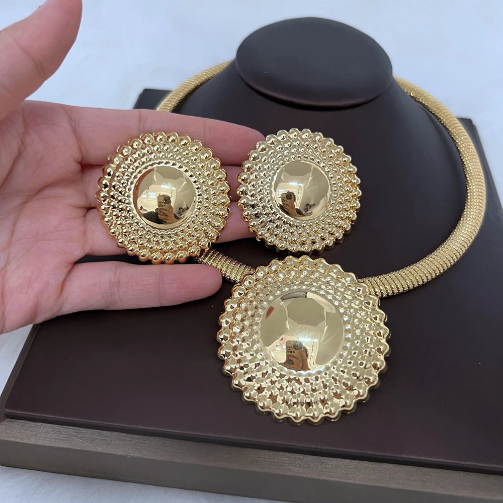 Ensemble de bijoux de Dubaï pour femme, collier et boucles d'oreilles pendentif perles rondes, bijoux plaqués or pour mariages, cadeau accessoire de mariée