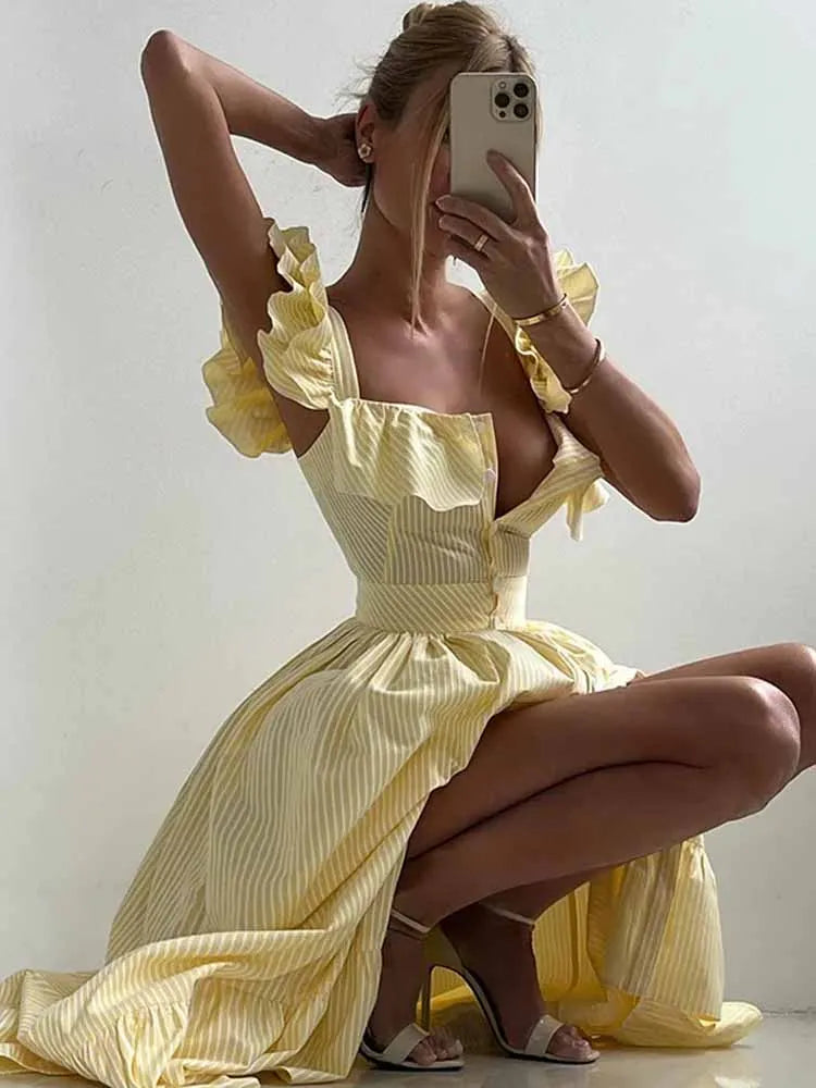 BKQU Abito lungo elegante con maniche volanti a righe con volant Abito lungo da donna chic con colletto quadrato sottile monopetto Abito lungo da festa estivo femminile