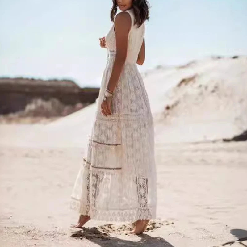 Women Summer Elegant Bohemian Maxi Dress Sleeveless Lace Trimmed Flared Dress Casual V-Neck Evening Party Long Dresses