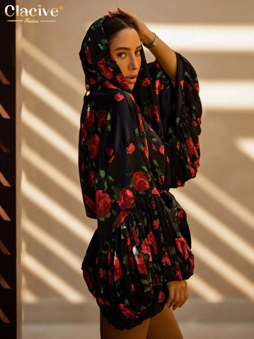 Clacive Fashion Abiti da donna con stampa allentata 2025 Mini abito sexy a maniche lunghe con cappuccio Elegante abito classico con lacci Abbigliamento femminile