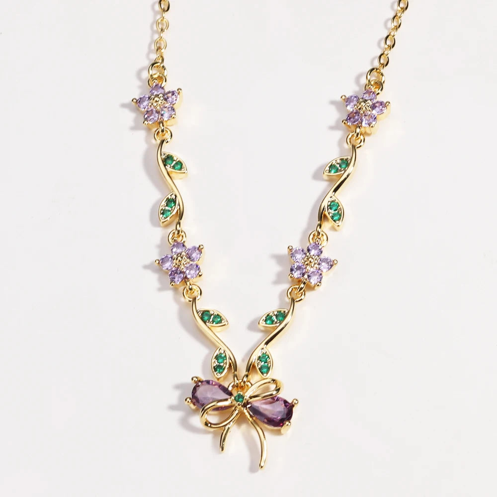 Summer New Fashion Exquisite Bow Leaf Flower Necklace For Women's Elegant Pink Zircon Chain Pendant Jewelry Gifts