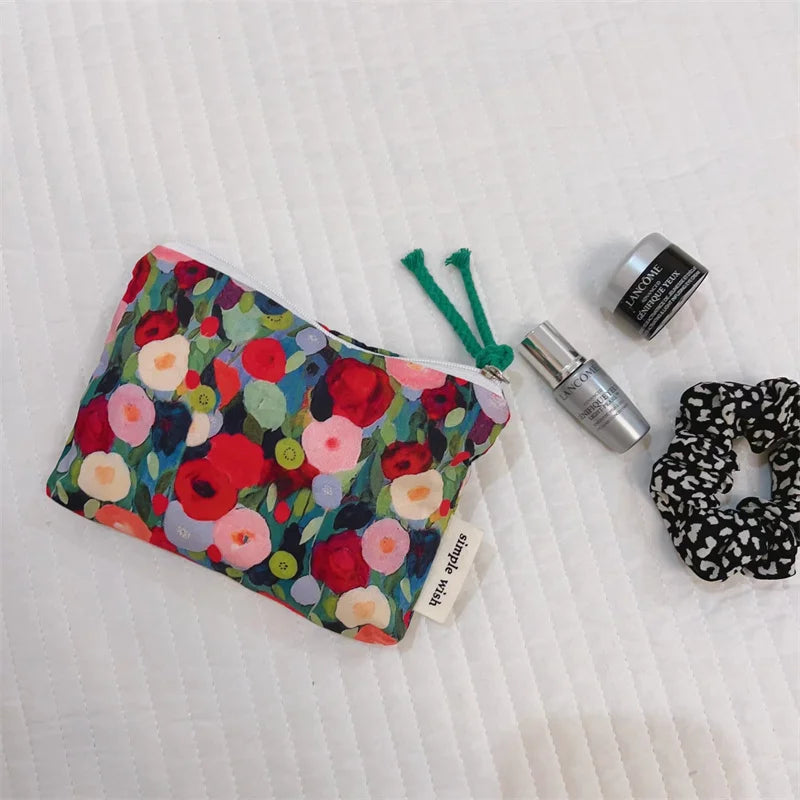 Portamonete in cotone con stampa floreale fresca estiva Mini portaoggetti Borsa in stoffa piccola Borsa per cuffie Borsa per cosmetici da viaggio Borsa per trucco