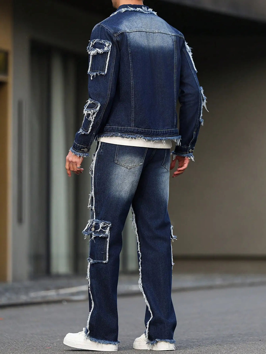 Abito in denim primaverile e autunnale da uomo, design multitasche, stile pantaloni larghi e dritti