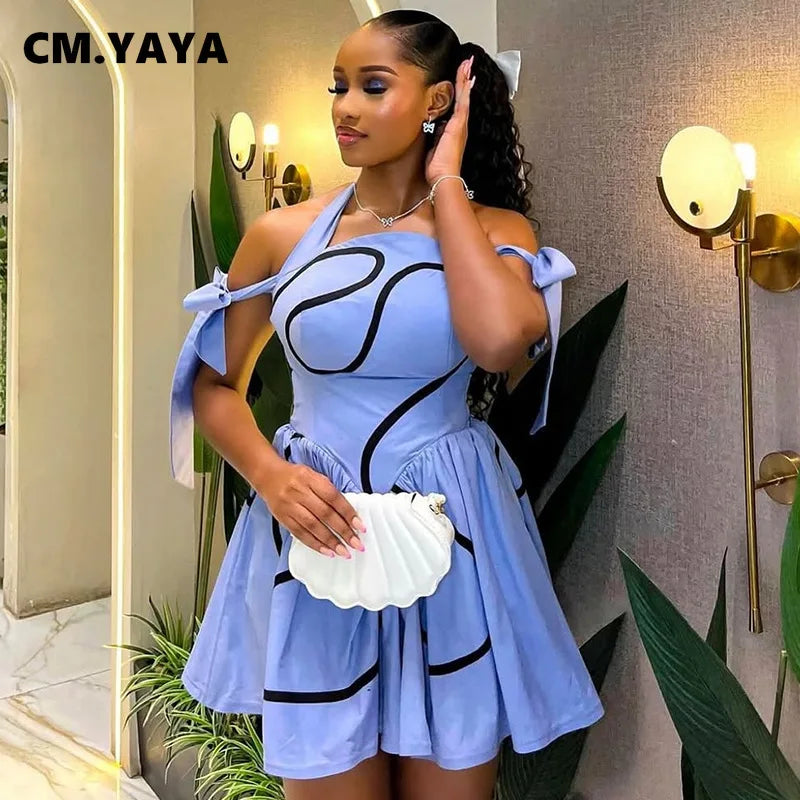 CM.YAYA Donne di Estate Bowknot Spalla Halter Neck A Righe Geometriche Grande Altalena Vestito Streetwear Night Club Abiti Da Festa Abiti