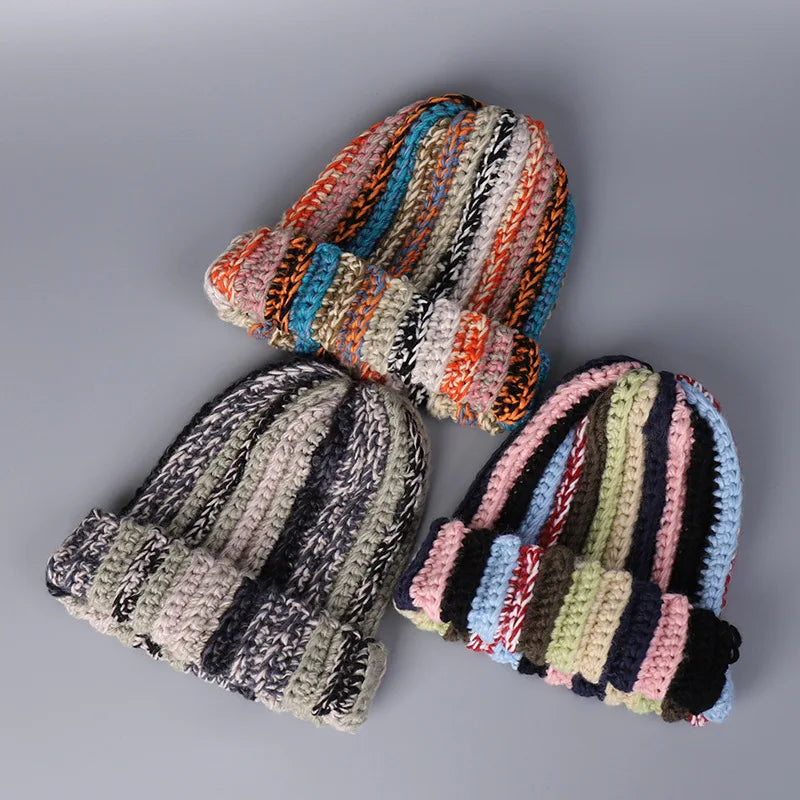 Cappello da donna in lana lavorata a maglia con ago fatto a mano in stile giapponese da uomo Cappello invernale a righe in lana colorata con protezione per le orecchie calda
