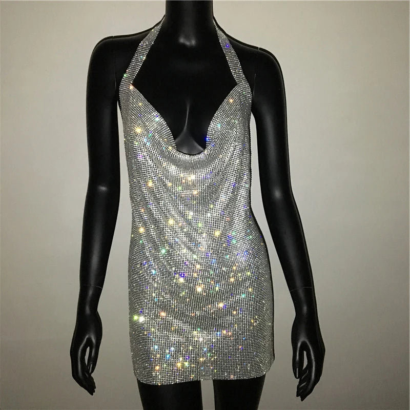 Mini abito sexy con scollo a V senza schienale per le donne Abiti da sera da club per feste con strass lucidi con scollo all'americana e spacco laterale