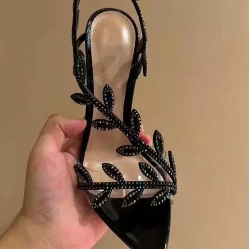 Neue Damen-Sommersandalen mit hohem Absatz, Blattspitze mit Strasssteinen, Stiletto-Sandalen, elegante und modische Schuhe für Damen