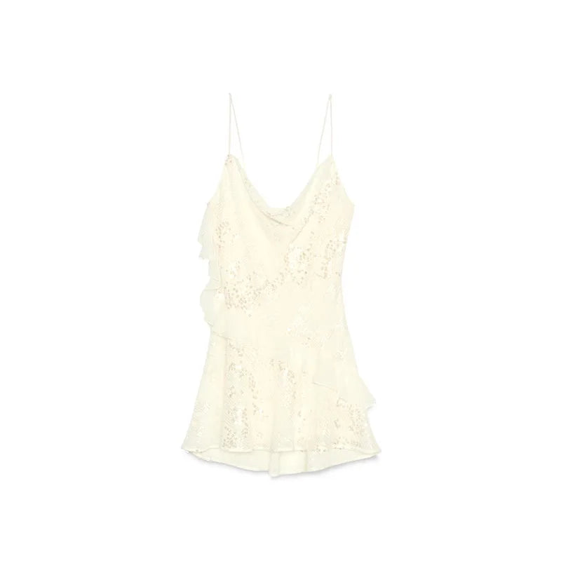 Sexy paillettes volant mini abito fionda donna solido scollo a V senza maniche backless abiti a trapezio 2025 estate signora chic abiti da festa