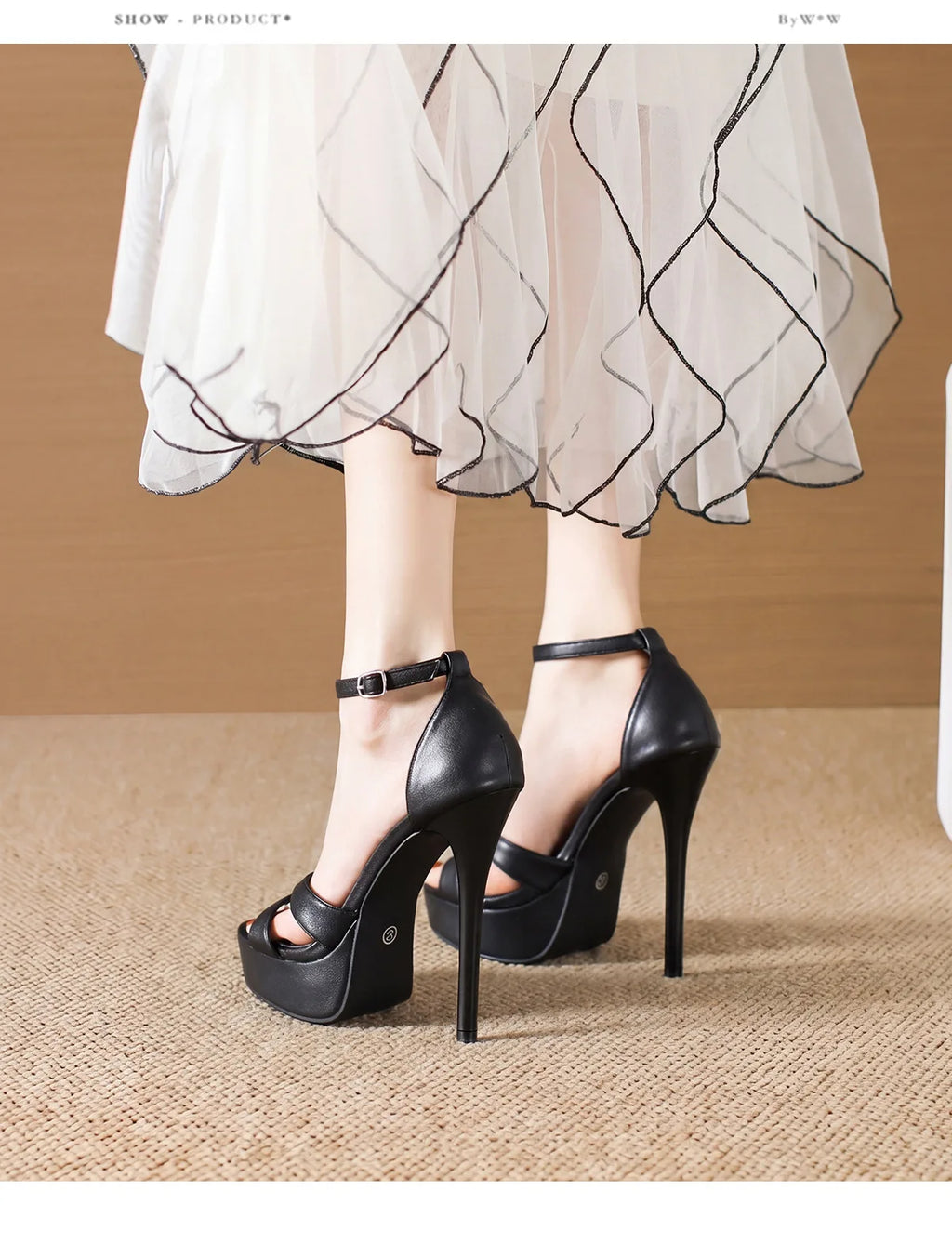 Plateau-Sandalen für Damen, Supermodel-Laufstegschuhe, 14 cm dünner High Heel, schwarzer überzogener Absatz, elegante Partyschuhe