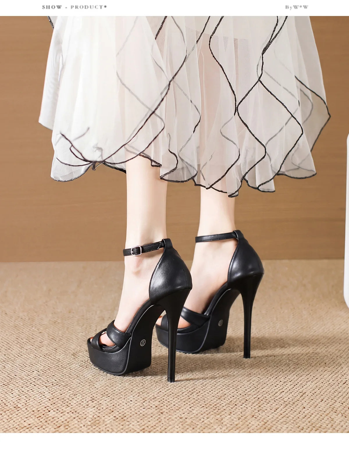 Sandales d'été à plateforme épaisse pour femmes, chaussures de défilé de super mannequin, talon haut fin de 14 cm, talon couvert noir, chaussures de soirée élégantes