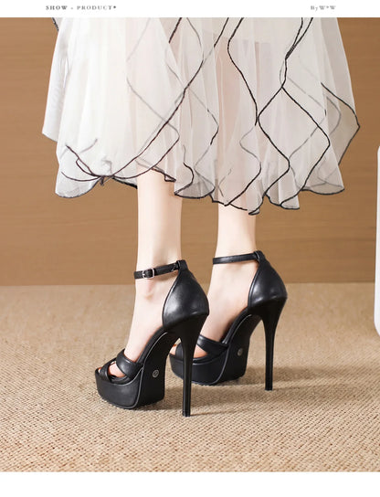 Sandales d'été à plateforme épaisse pour femmes, chaussures de défilé de super mannequin, talon haut fin de 14 cm, talon couvert noir, chaussures de soirée élégantes