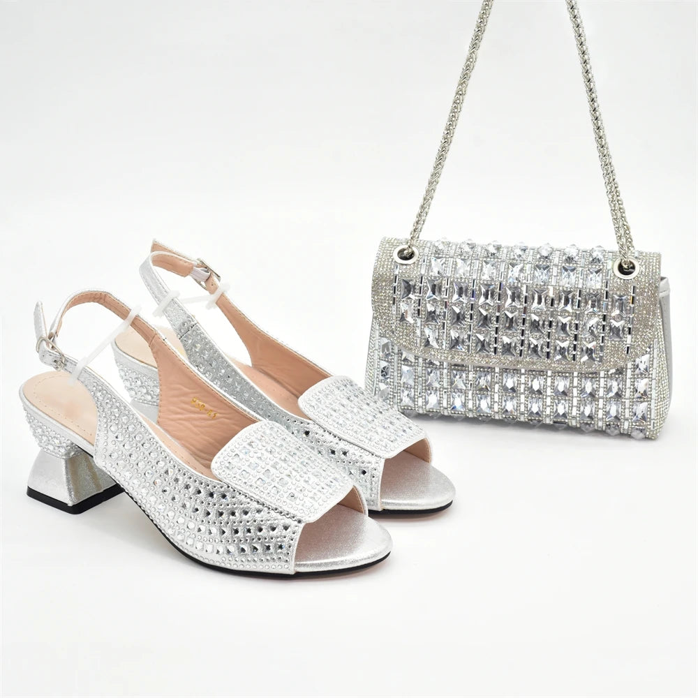 New Fashion Italian Shoe and Bags Matching Set Decorated with Rhinestone Luxury Designer Women Party Pumps Elegant Bridal Shoes