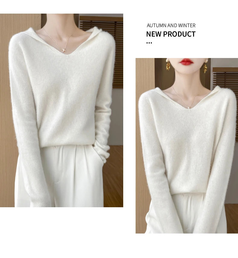 Abbigliamento donna autunno inverno colletto con cappuccio pullover maglione di lana merino 100% nuova moda top in cashmere che tocca il fondo maglieria morbida