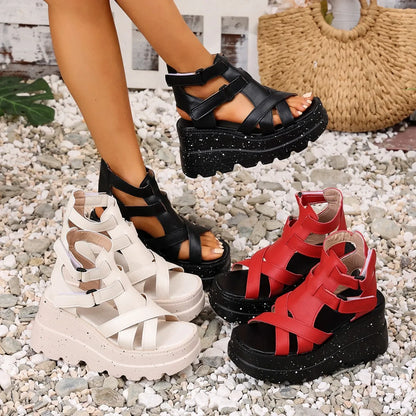 Sandali da donna Sandali da donna con plateau in pelle moda estiva Sandali gladiatore con tacco alto da donna Scarpe da donna con zeppa robuste per esterni