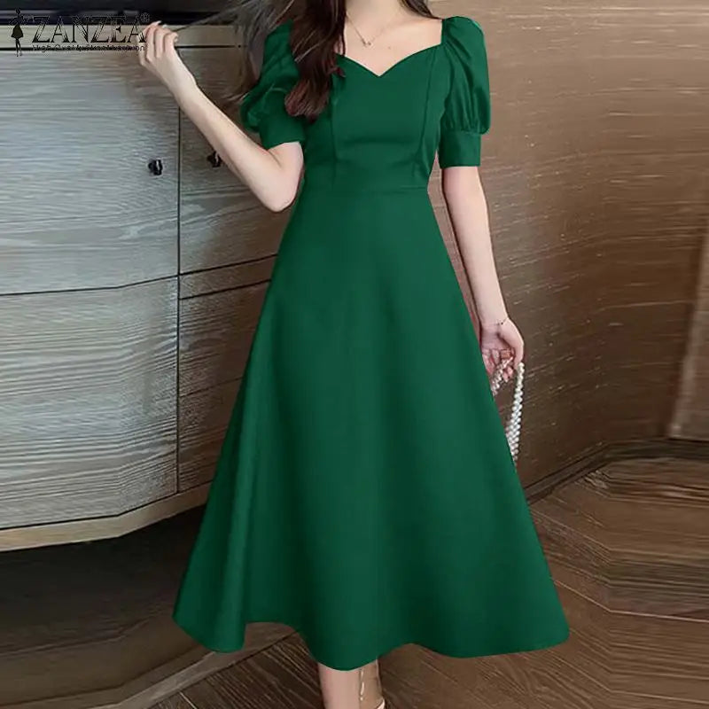 ZANZEA Vita elegante Abiti da festa Abito da sera vintage Donna Puff Manica corta A-line Robe 2024 Abiti da sposa estivi Midi
