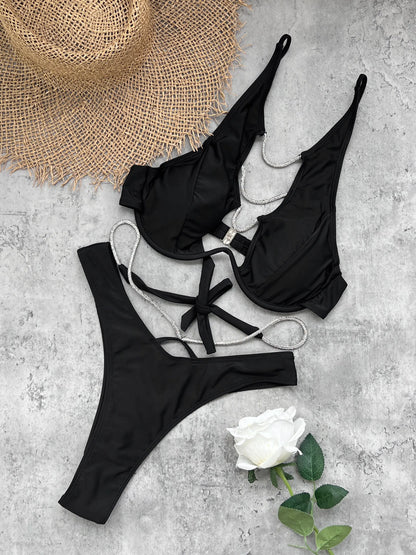 Chic Bandage Bikini With Shiny Short Skirt Women 3Pcs Swimsuit Sexy Cut Out Biquini Lady Swimwear Bathing Suit Female Beachwear