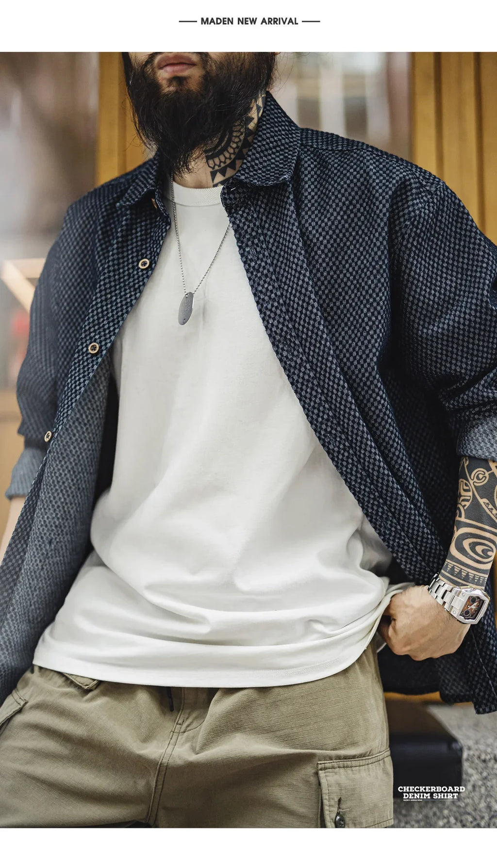 Maden Camicia di jeans a maniche lunghe ampia retrò Giacca monopetto con risvolto a quadretti per uomo Capispalla versatile primaverile e autunnale