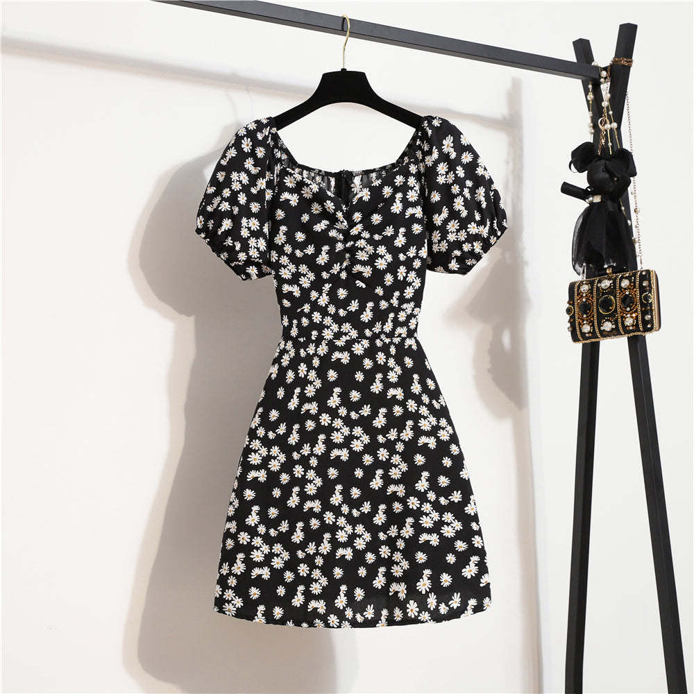 Mini abiti da donna Moda estiva Abiti femminili Stampa Abiti in chiffon floreale Abito casual con maniche corte a pieghe arricciate
